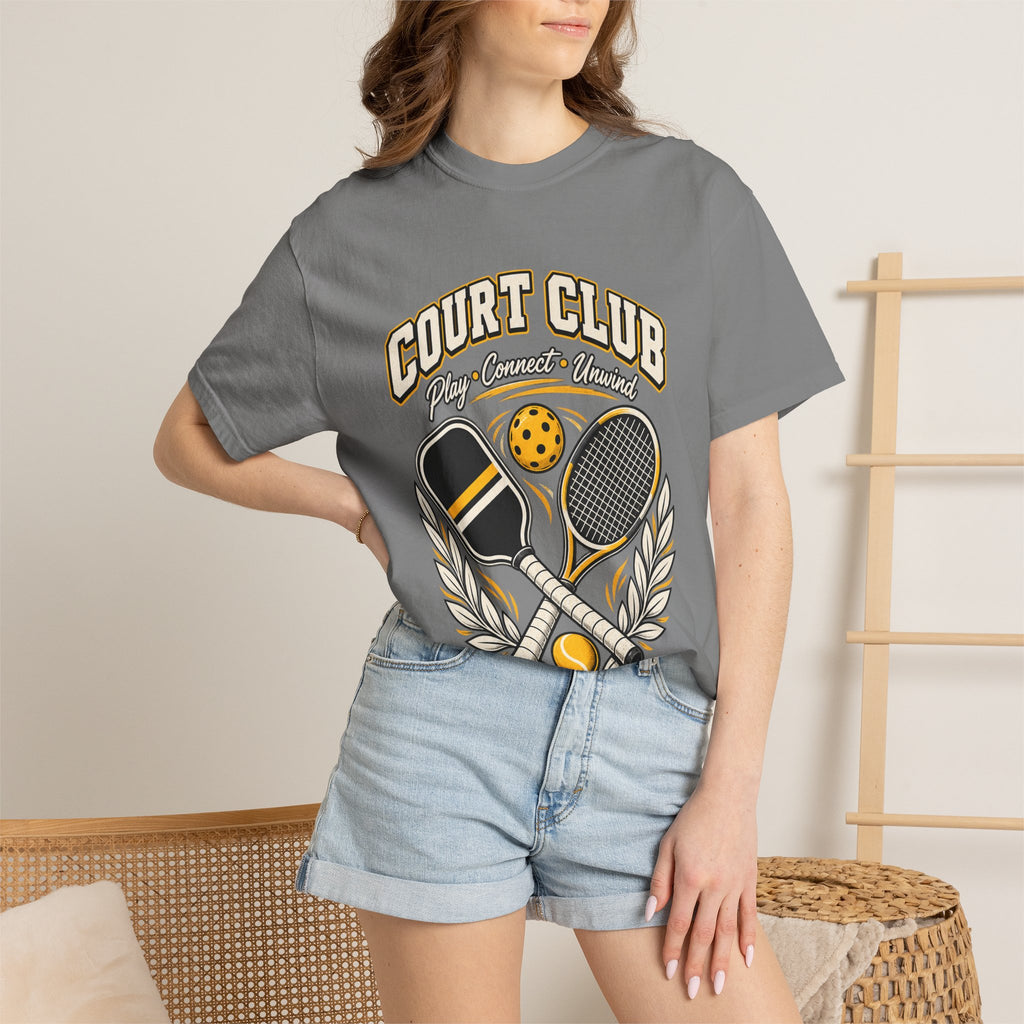 Court Club Pickleball T-Shirt — Vintage Paddle & Racket Graphic